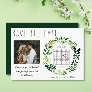 Rustic Watercolor Save the Date Calendar Heart Announcement