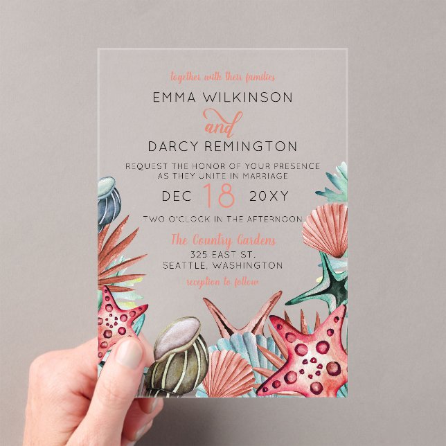 Rustic Watercolor Seashells Starfish Beach Wedding Acrylic Invitations (Insitu (Handheld))
