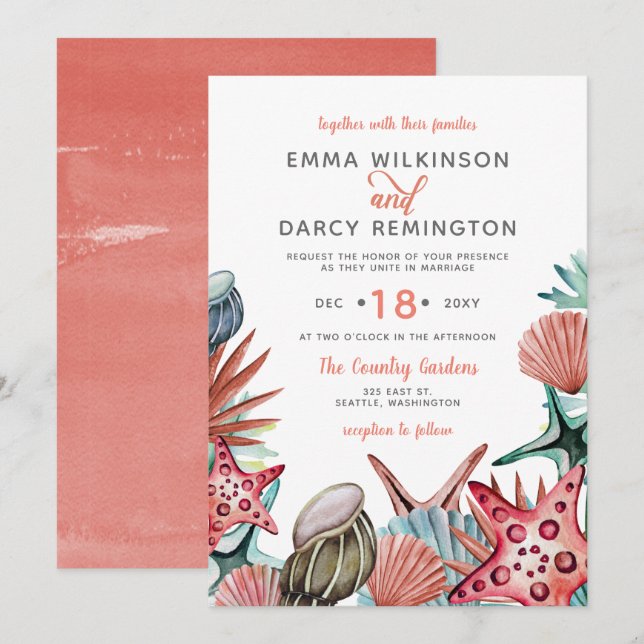 Rustic Watercolor Seashells Starfish Beach Wedding Invitation (Front/Back)