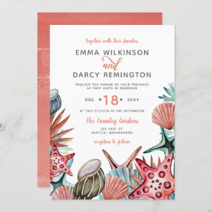 Rustic Watercolor Seashells Starfish Beach Wedding Invitation