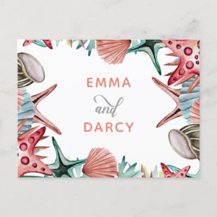 Rustic Watercolor Seashells Starfish Beach Wedding Invitation Postcard