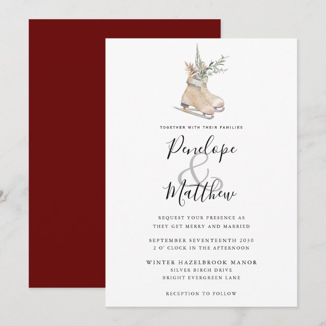Rustic Watercolor Seasonal Floral Ice-Skating Invitation (Front/Back)