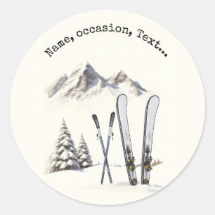 Rustic Watercolor Ski Snow Tree Mountain Winter  Classic Round Sticker
