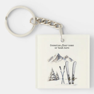 Rustic Watercolor Ski Snow Tree Mountain Winter Key Ring