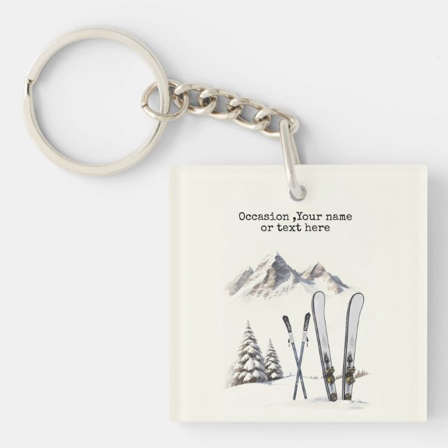 Rustic Watercolor Ski Snow Tree Mountain Winter Key Ring (Front)