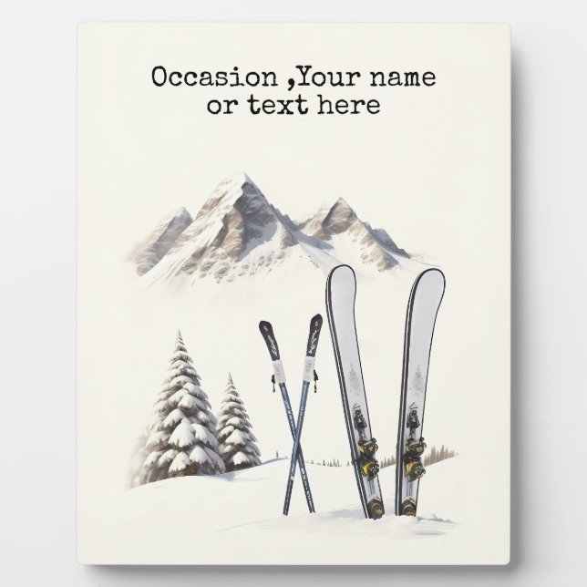 Rustic Watercolor Ski Snow Tree Mountain Winter Plaque (Front)