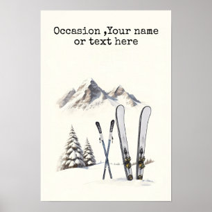 Rustic Watercolor Ski Snow Tree Mountain Winter Poster