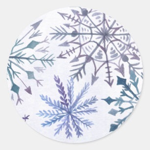 Rustic Watercolor Snowflakes Blue Winter Wedding Classic Round Sticker