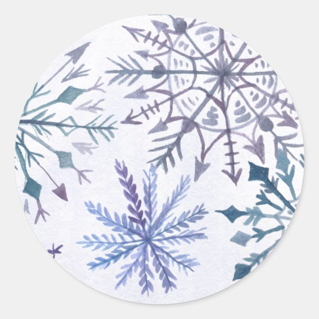 Rustic Watercolor Snowflakes Blue Winter Wedding Classic Round Sticker (Front)