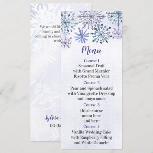 Rustic Watercolor Snowflakes Blue Winter Wedding Menu