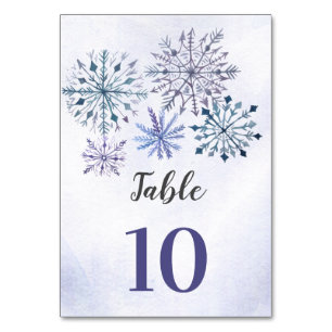 Rustic Watercolor Snowflakes Blue Winter Wedding Table Number
