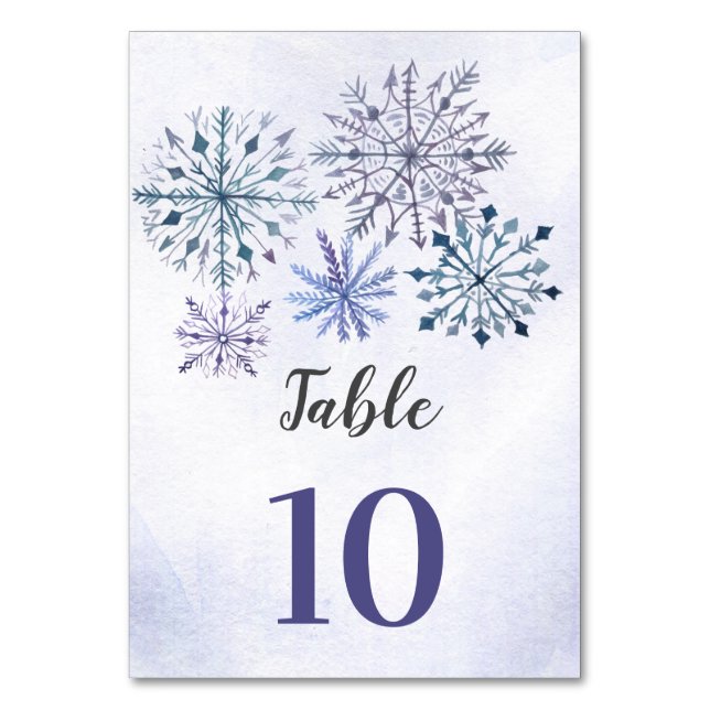Rustic Watercolor Snowflakes Blue Winter Wedding Table Number (Front)