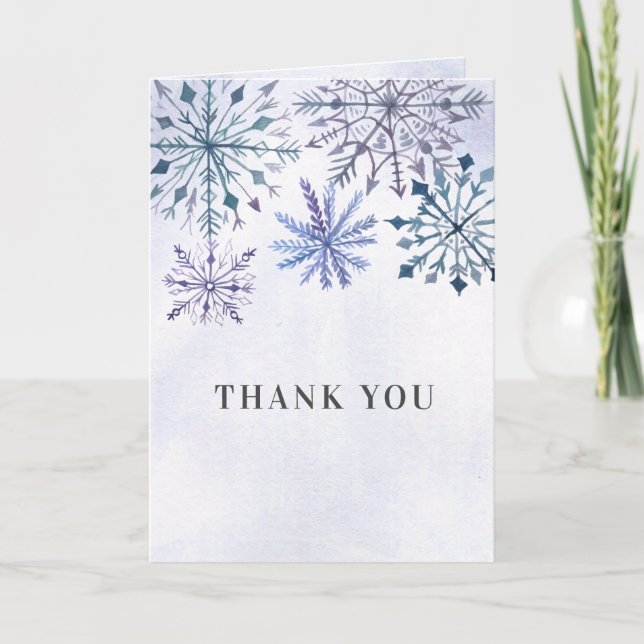 Rustic Watercolor Snowflakes Blue Winter Wedding Thank You Card (Front)