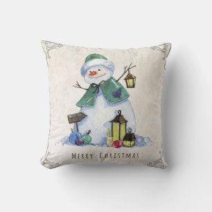 Rustic Watercolor Snowman Merry Christmas Holiday Cushion