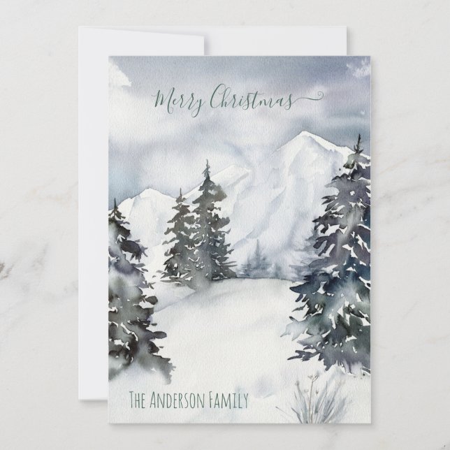 Rustic Watercolor Snowy Mountain Country Christmas Holiday Card (Front)