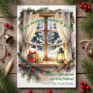 Rustic Watercolor Snowy Window Family Christmas Holiday Card