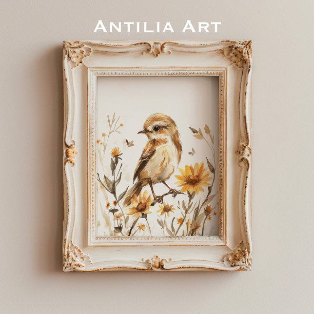 Rustic Watercolor Sparrow Bird Painting Wildflower Poster (Creator Uploaded)