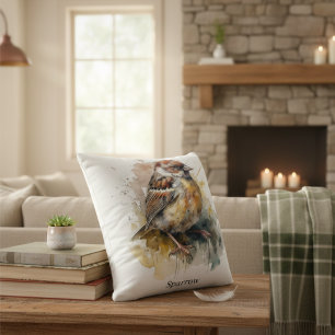 Rustic Watercolor Sparrow, custom Cushion