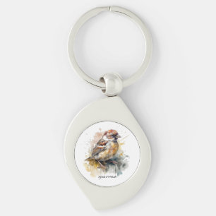 Rustic Watercolor Sparrow, custom Key Ring