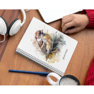 Rustic Watercolor Sparrow, custom Notebook