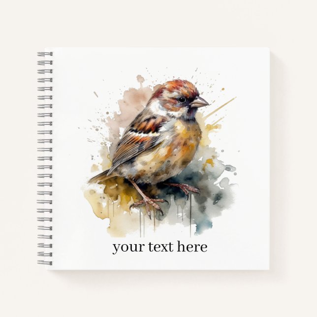 Rustic Watercolor Sparrow, custom Notebook (Front)