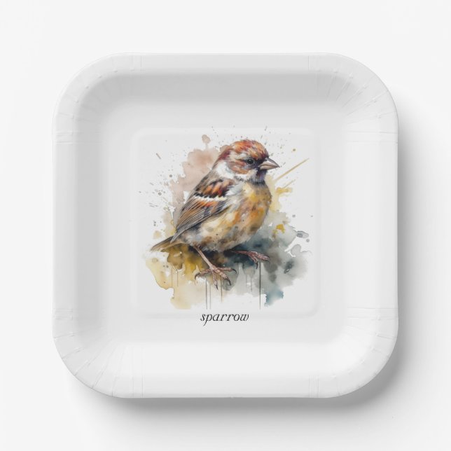 Rustic Watercolor Sparrow, custom Paper Plate (Front)