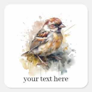 Rustic Watercolor Sparrow, custom Square Sticker