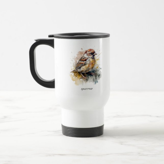 Rustic Watercolor Sparrow, custom Travel Mug (Left)
