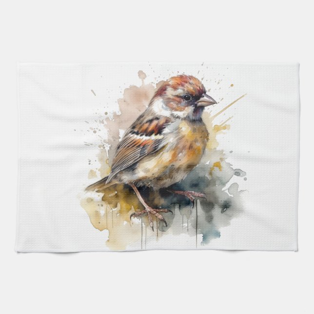 Rustic Watercolor Sparrow Tea Towel (Horizontal)