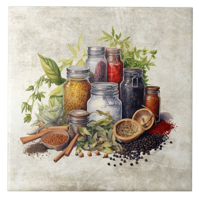 Rustic Watercolor Spices Faux Texture Watercolor Tile (Front)