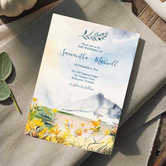 Rustic Watercolor Spring Mountain Wedding Invitation (Mountain wedding invitations features original watercolor art by Victoria Grigaliunas)