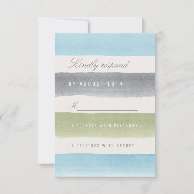 Rustic watercolor stripes beach wedding RSVP (Front)
