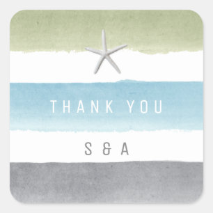 Rustic watercolor stripes nautical beach wedding square sticker