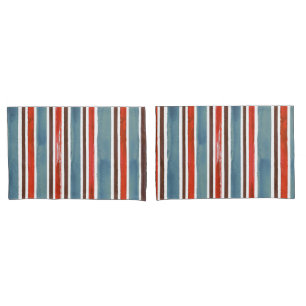 Rustic Watercolor Stripes – Red, Blue, and Brown Pillowcase