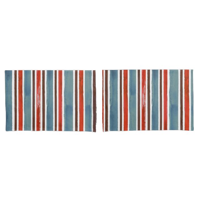 Rustic Watercolor Stripes – Red, Blue, and Brown  Pillowcase (Front-Set)
