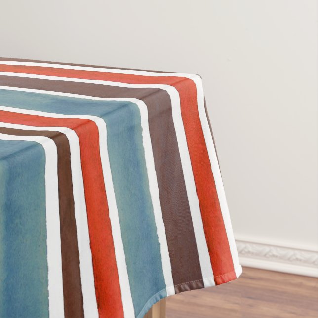 Rustic Watercolor Stripes – Red, Blue, and Brown Tablecloth (In Situ)