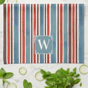 Rustic Watercolor Stripes – Red, Blue, and Brown Tea Towel