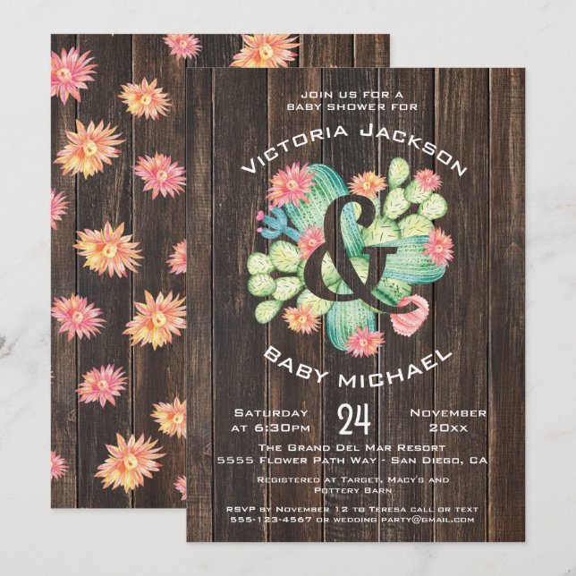 Rustic Watercolor Succulent Baby Shower Invitation (Front/Back)
