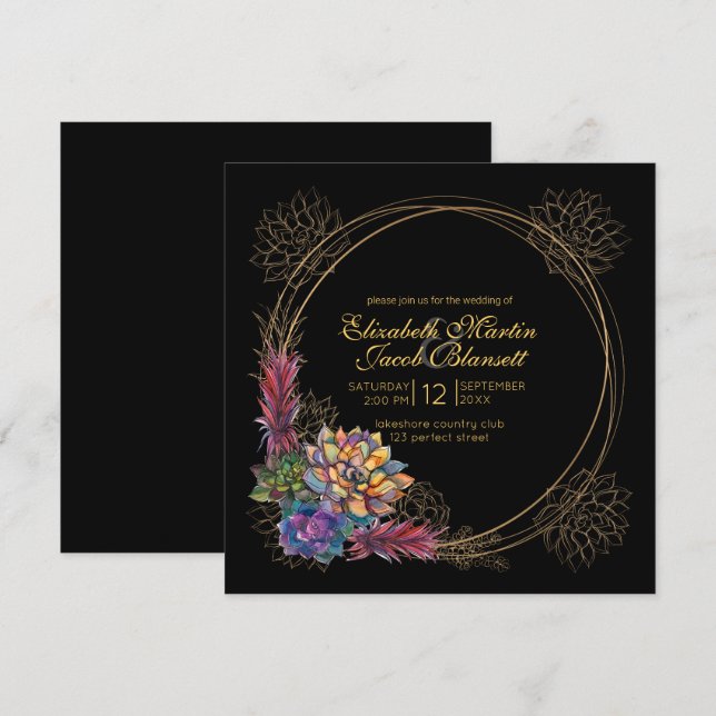Rustic Watercolor Succulent, black Wedding Invitation (Front/Back)