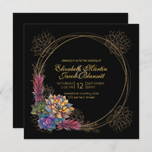 Rustic Watercolor Succulent, black Wedding Invitation