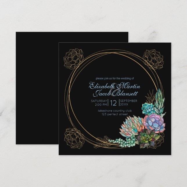Rustic Watercolor Succulent, blue & black Wedding Invitation (Front/Back)
