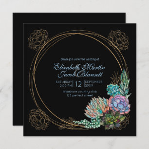 Rustic Watercolor Succulent, blue & black Wedding Invitation