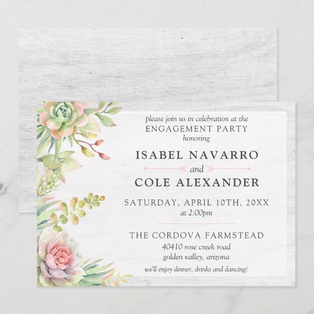 Rustic Watercolor Succulent Cacti Engagement Party Invitation (Front/Back)