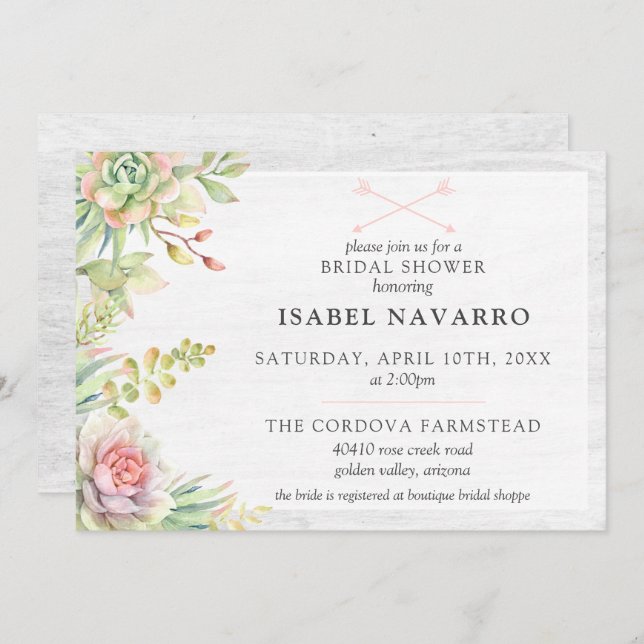 Rustic Watercolor Succulent Cactus Bridal Shower Invitation (Front/Back)