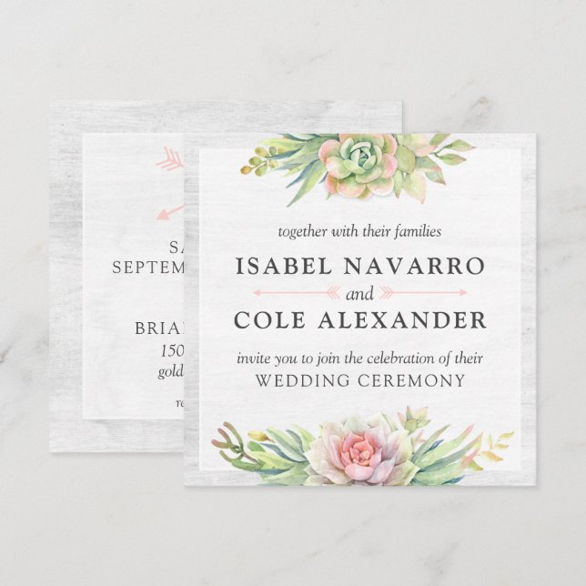 Rustic Watercolor Succulent Cactus Square Wedding Invitation (Front/Back)