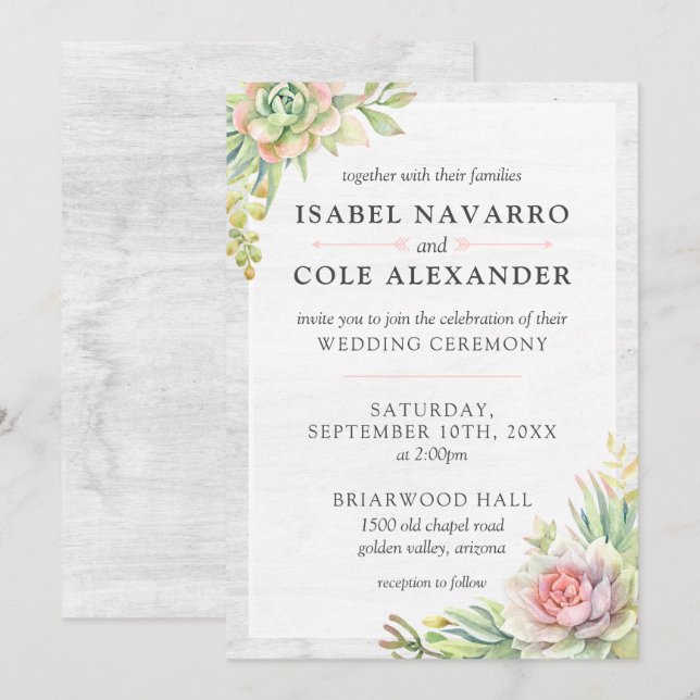 Rustic Watercolor Succulent Desert Cactus Wedding Invitation (Front/Back)