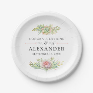 Rustic Watercolor Succulent Desert Cactus Wedding Paper Plate