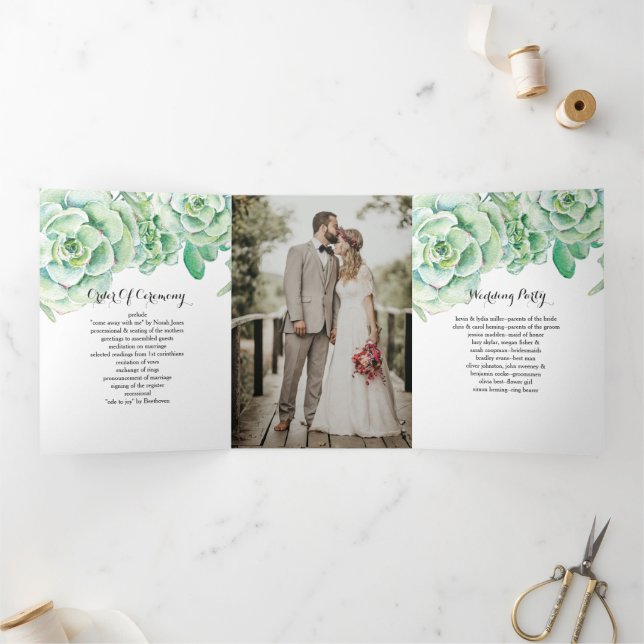 Rustic Watercolor Succulent Desert Photo Wedding Tri-Fold Programme (Inside)