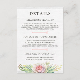 Rustic Watercolor Succulent Details / Directions Enclosure Card