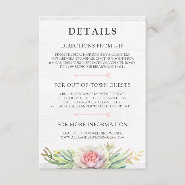 Rustic Watercolor Succulent Details / Directions Enclosure Card (Front)